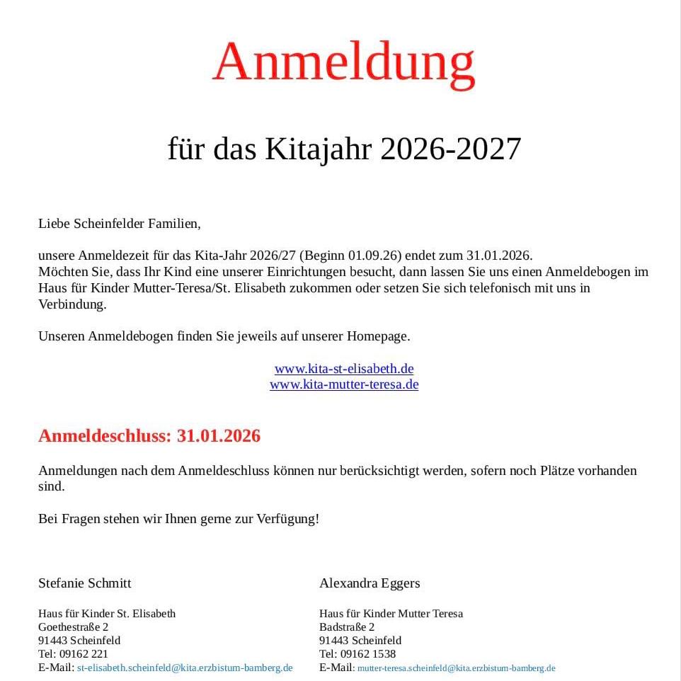 Anmeldeschluss für das Kitajahr 2026/27